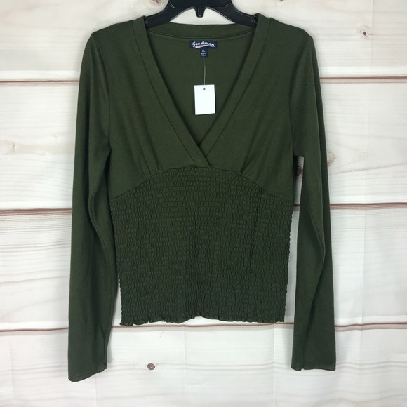 Freshman Tops - Freshman Top Juniors XL Womens Smocked Long Sleeve V-Neck Green Blouse Pullover